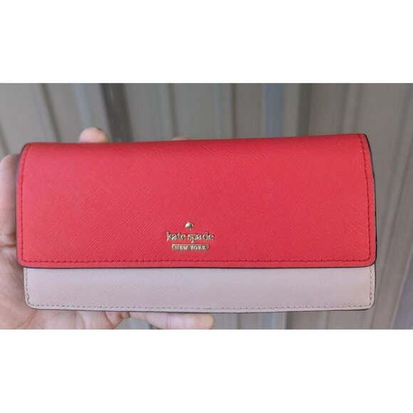 Kate Spade Slim Bifold Envelope Style Wallet Clutch Red/Orange? Beige Gold - Picture 12 of 12
